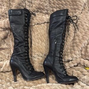 ALDO black genuine leather lace up high heel boots